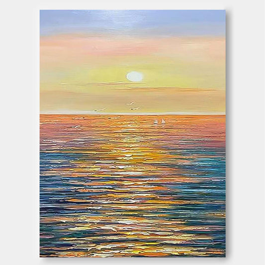 Serene Sunset Ocean View Oil Painting for Coastal Home D√©cor