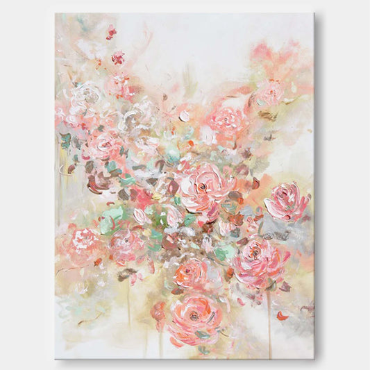 Romantic Floral Oil Painting with Soft Pink Roses and Abstract Background