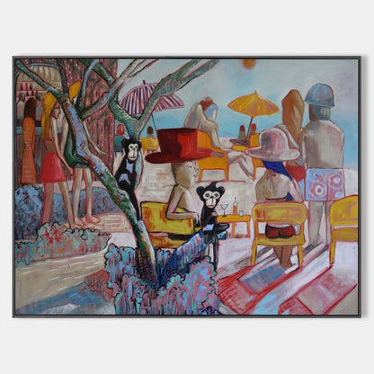Whimsical Beach Scene with Monkeys and Colorful Umbrellas - Unique Pop Art Oil Painting