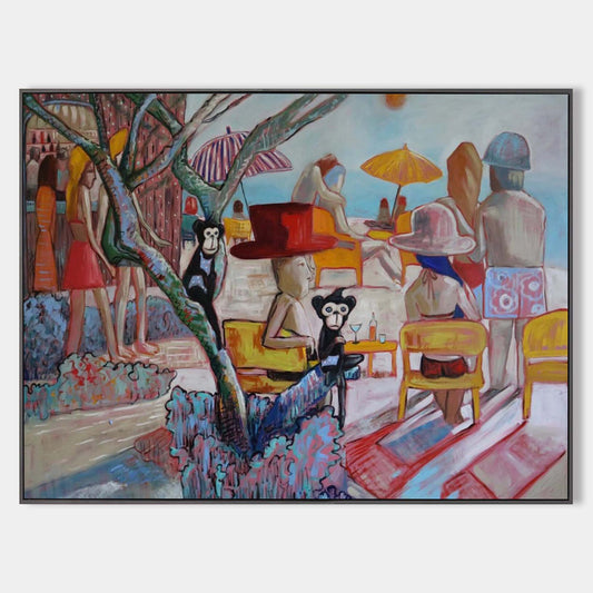 Whimsical Beach Scene with Monkeys and Colorful Umbrellas - Unique Pop Art Oil Painting