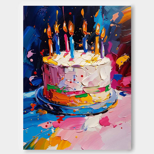 Vibrant Abstract Oil Painting of Colorful Birthday Cake Celebration