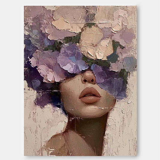 Floral Portrait Oil Painting - Elegant Woman with Flower Crown Canvas Art