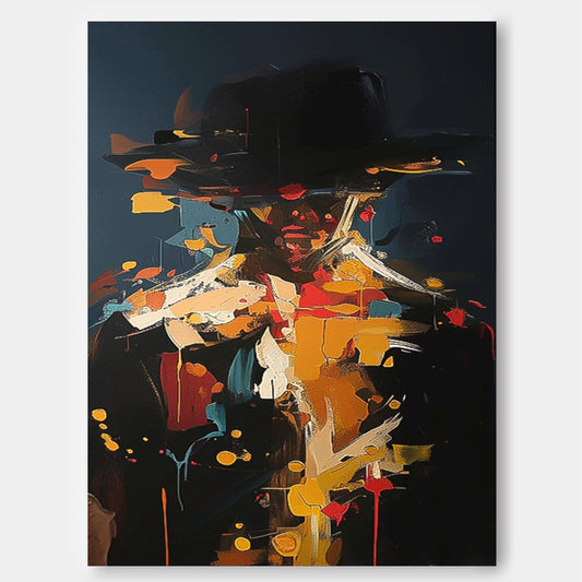 Abstract Figure Oil Painting with Bold Colors and Unique Hat Design