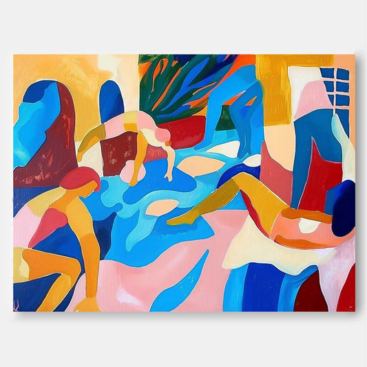 Vibrant Abstract Oil Painting of Leisurely Figures in a Colorful Setting