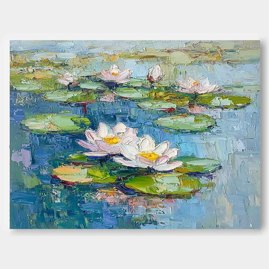 Vibrant Lotus Flowers on Tranquil Water – Handmade Oil Painting for Home Decor