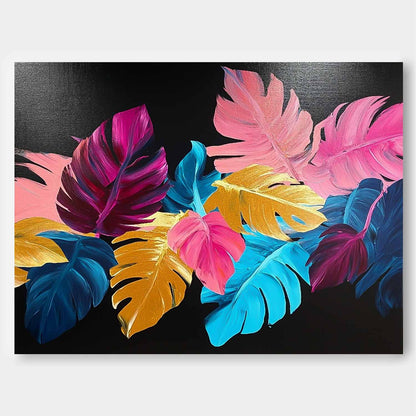 Vibrant Tropical Leaf Oil Painting on Black Canvas for Modern Home Decor