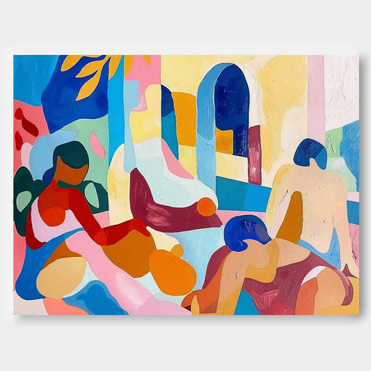 Vibrant Abstract Oil Painting of Relaxed Figures in Colorful Interior