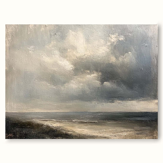 Serene Coastal Landscape Oil Painting with Dramatic Cloud Detail