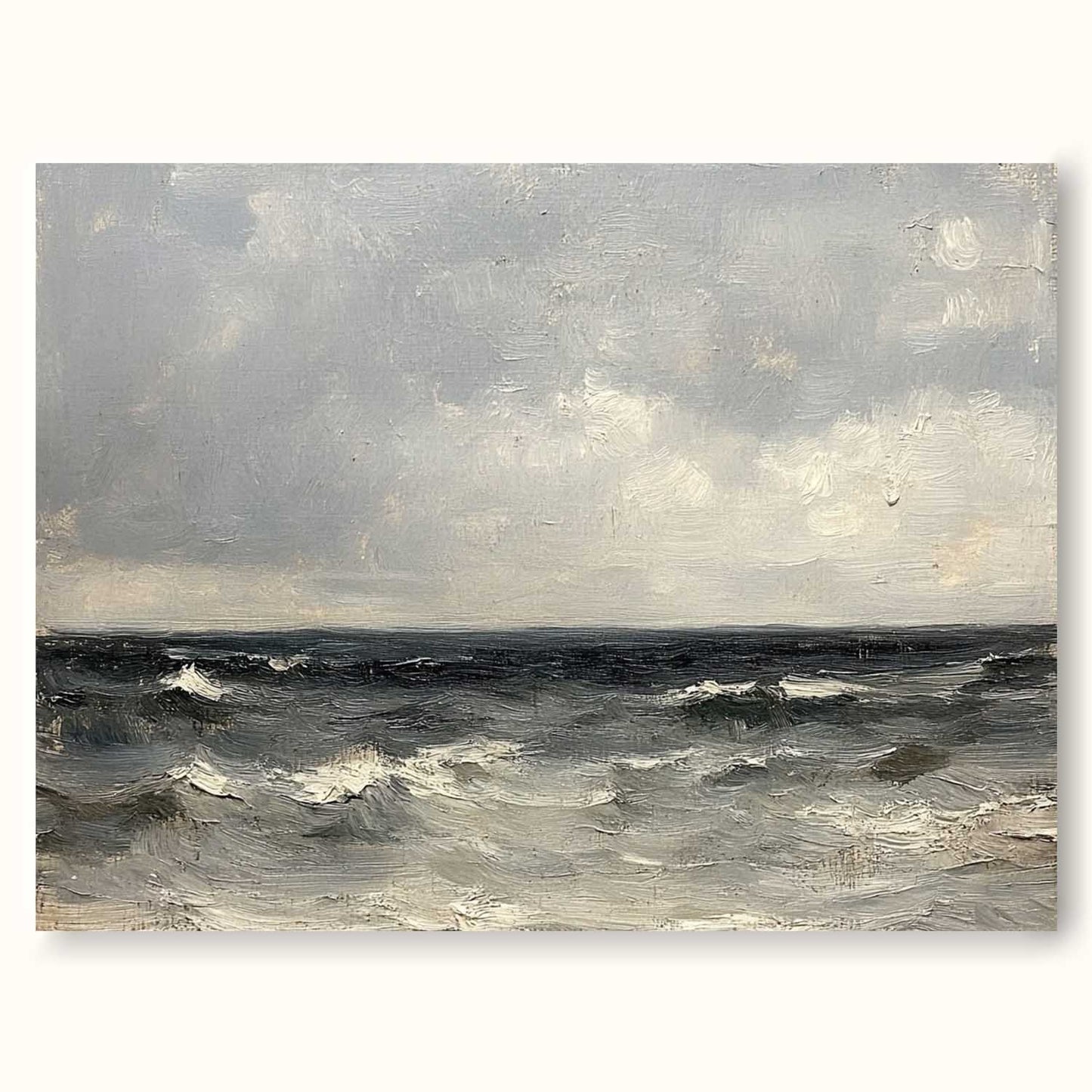 Serene Coastal Wave Oil Painting with Dramatic Sky in Vintage Style