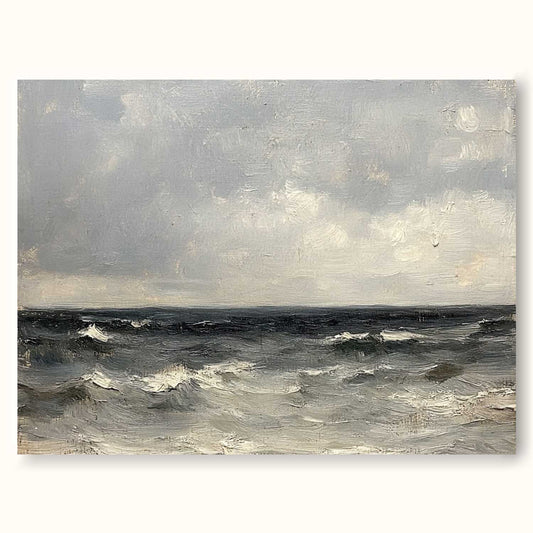 Serene Coastal Wave Oil Painting with Dramatic Sky in Vintage Style