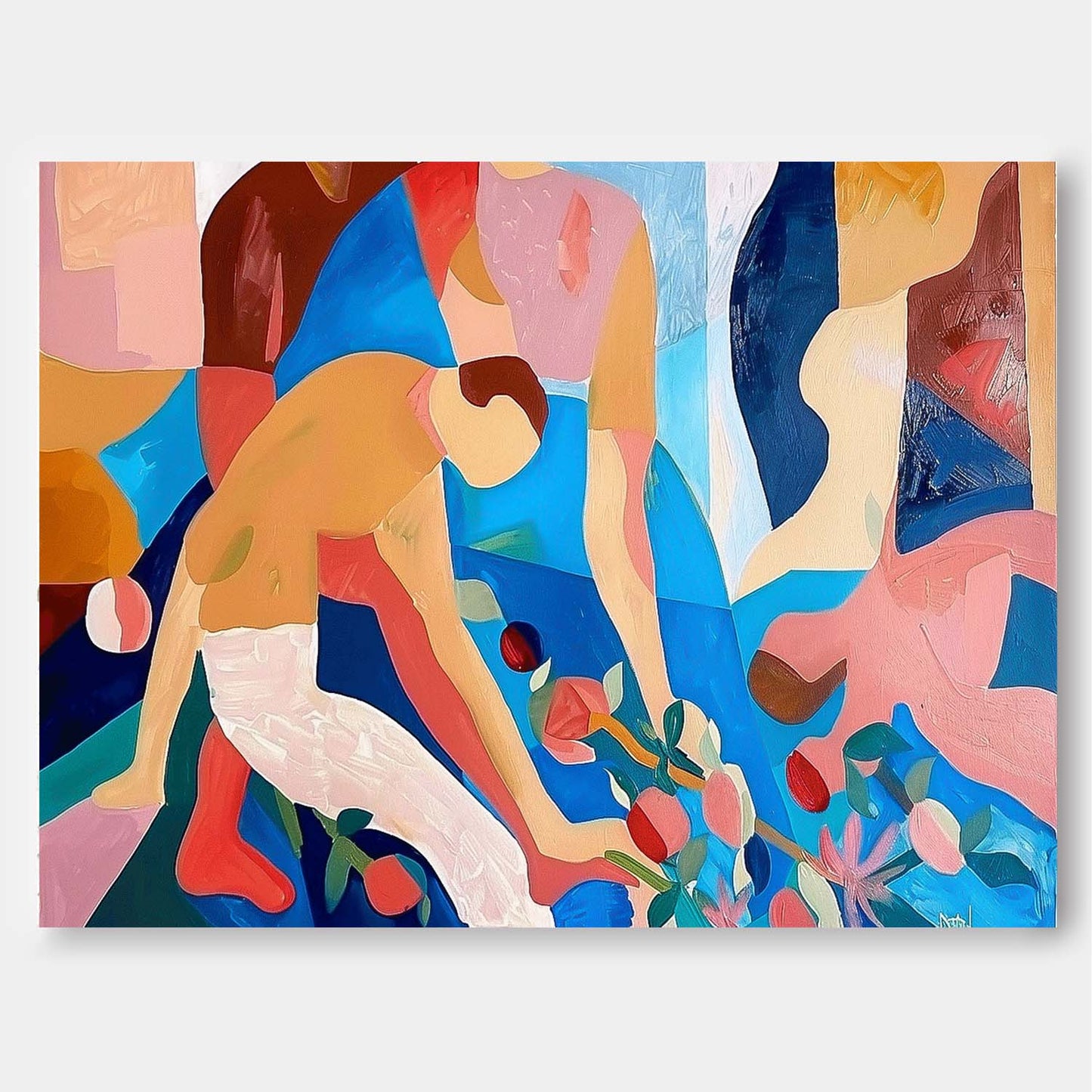 Vibrant Abstract Oil Painting with Colorful Figures and Floral Elements