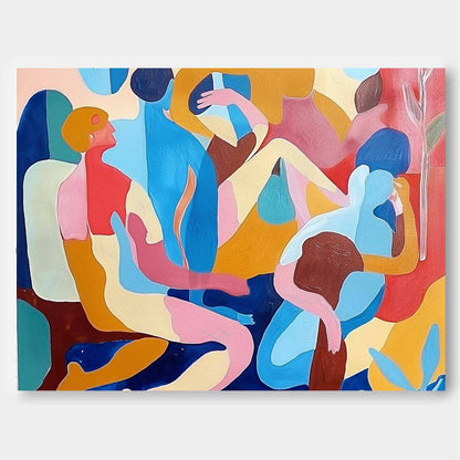 Vibrant Abstract Oil Painting of Colorful Human Figures for Modern Home Decor