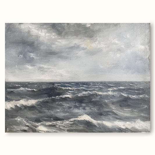 Serene Ocean Waves Oil Painting in Soft Grays and Blues for Timeless Home Decor