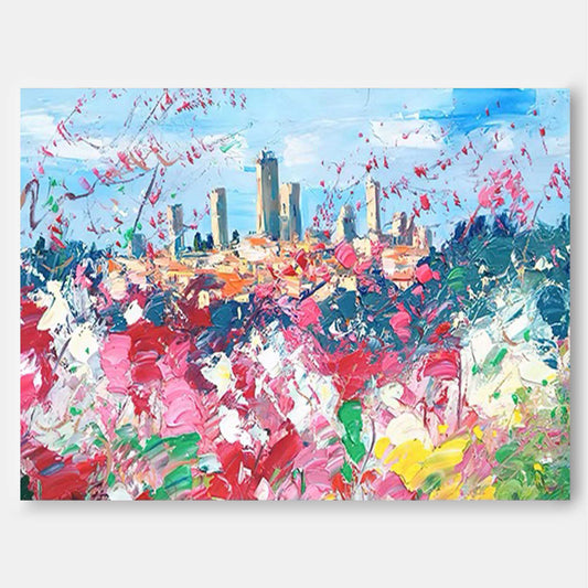Vibrant Cityscape Oil Painting with Colorful Floral Foreground