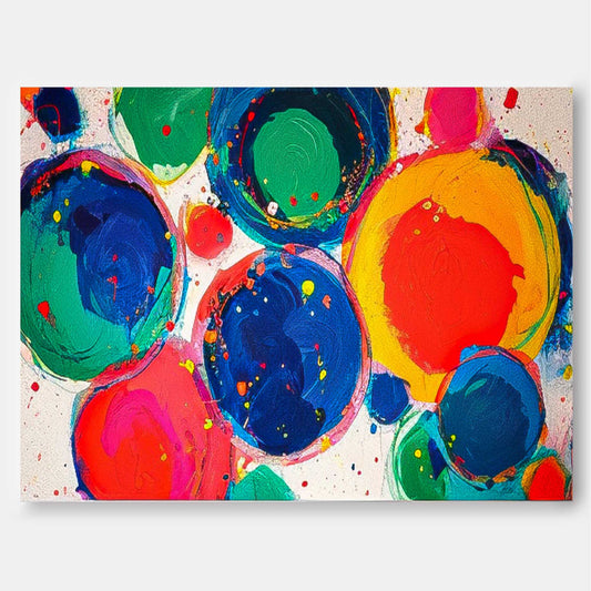 Vibrant Abstract Oil Painting with Colorful Circles and Dynamic Paint Splashes