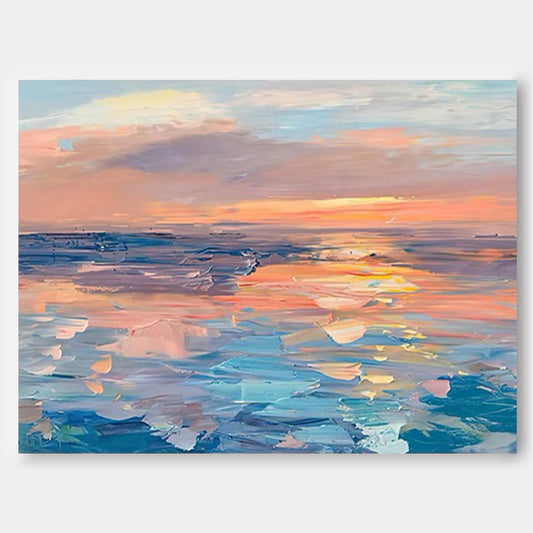 Serene Ocean Sunset Oil Painting for Coastal Home Decor