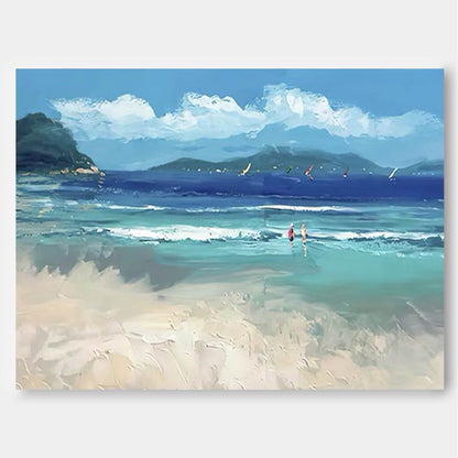 Vibrant Beach Scene Oil Painting with Ocean Waves and Sailboats