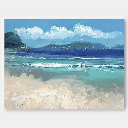 Vibrant Beach Scene Oil Painting with Ocean Waves and Sailboats
