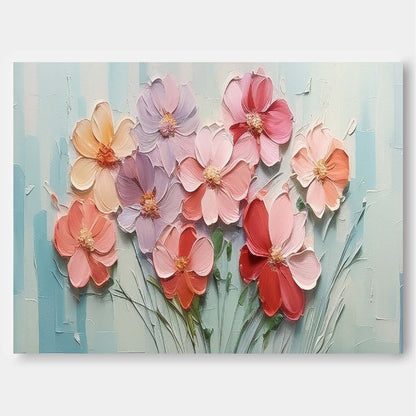 Vibrant Floral Oil Painting with Textured Petals and Soft Pastel Background