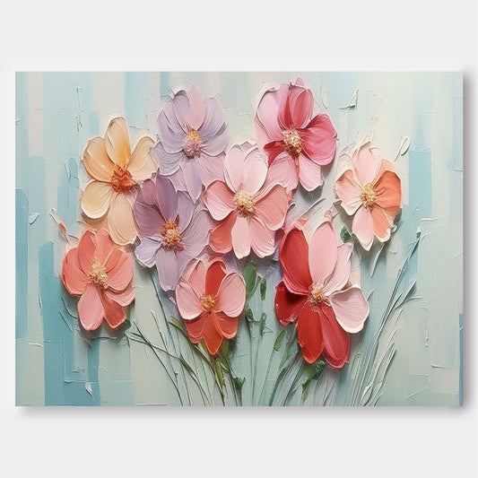 Vibrant Floral Oil Painting with Textured Petals and Soft Pastel Background