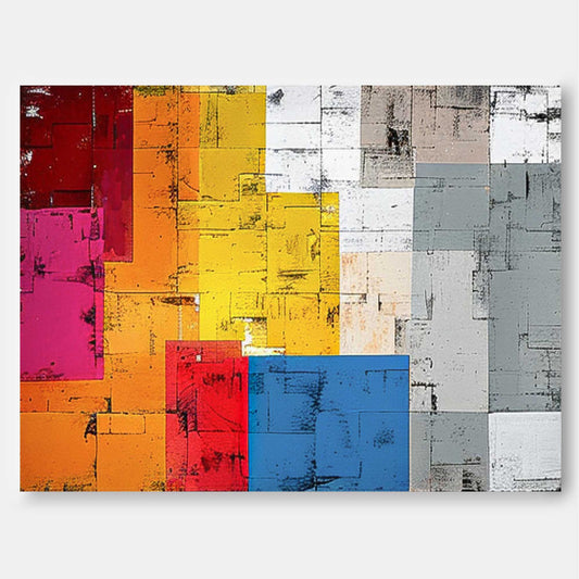 Vibrant Abstract Oil Painting with Colorful Geometric Shapes for Modern Decor