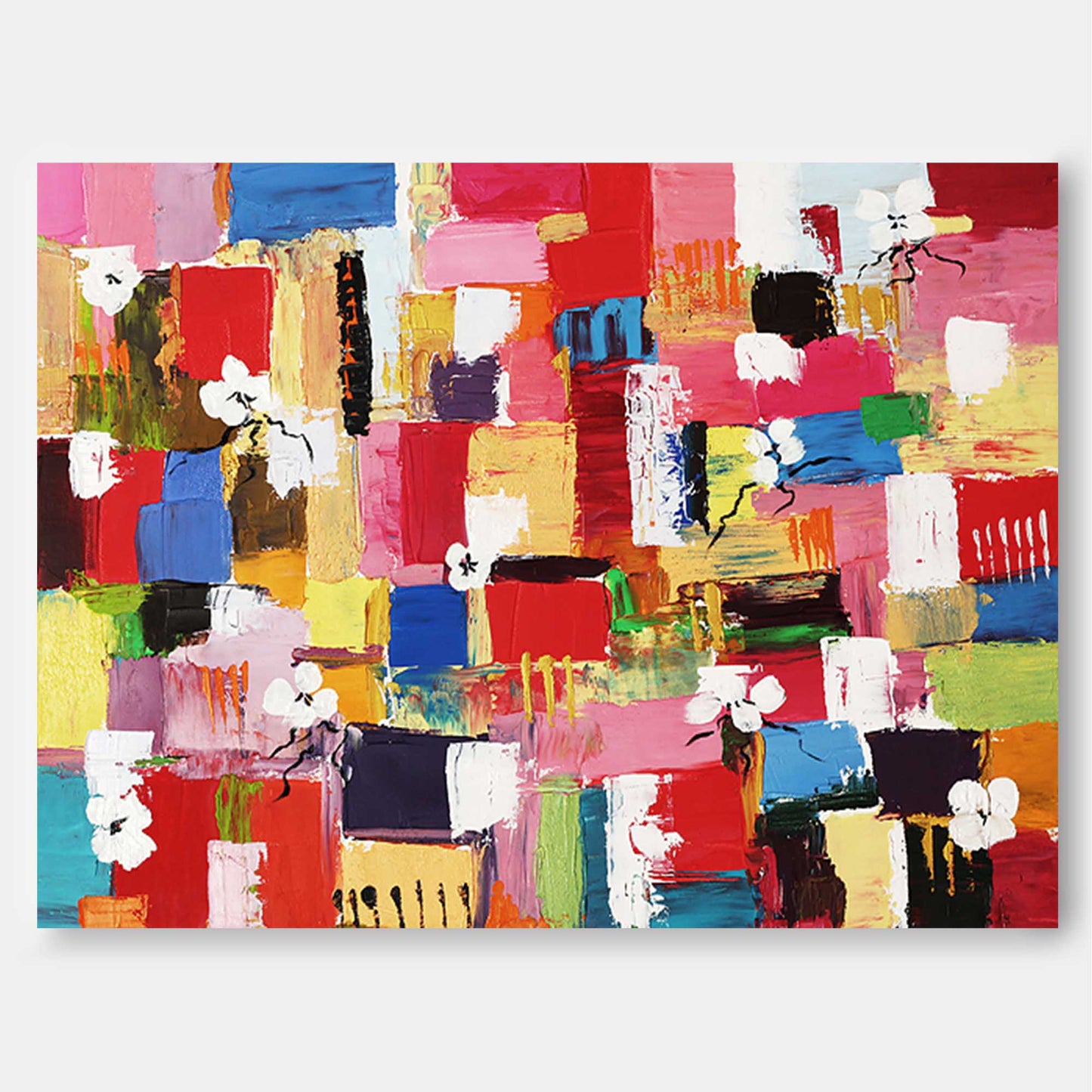 Colorful Abstract Oil Painting with Floral Elements for Modern Home Decor