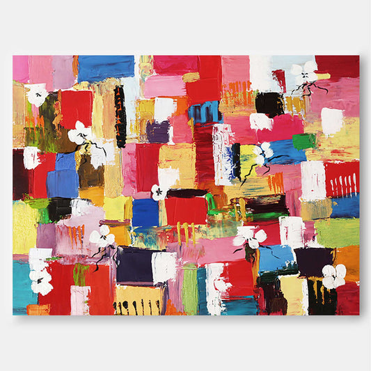 Colorful Abstract Oil Painting with Floral Elements for Modern Home Decor