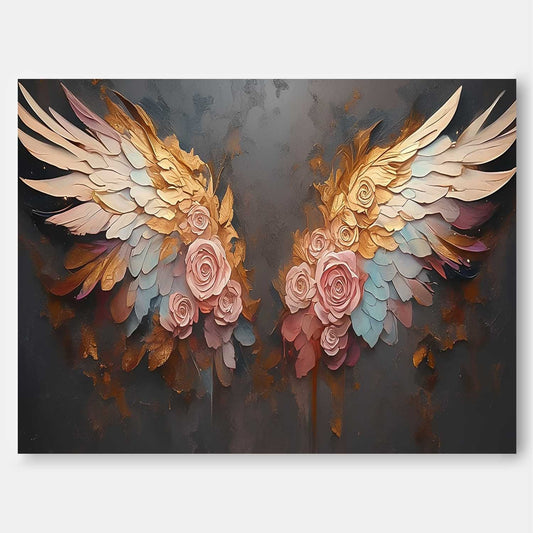 Elegant Floral Wings Oil Painting - Vibrant Pink Roses on Dark Canvas