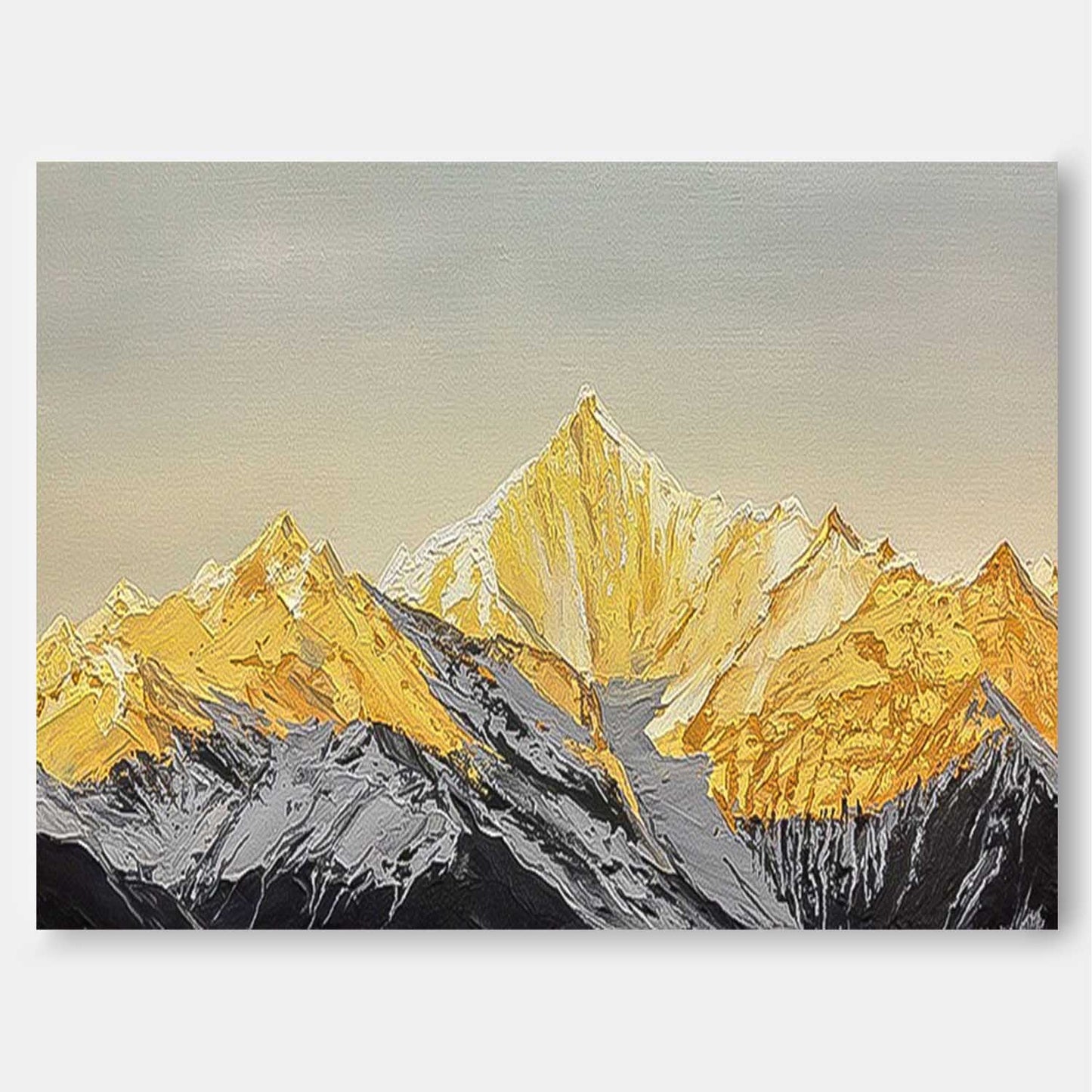 Majestic Mountain Landscape Oil Painting with Golden Peaks and Serene Skies