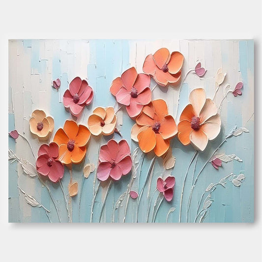 Vibrant Floral Oil Painting with Textured Blossoms on Light Blue Background
