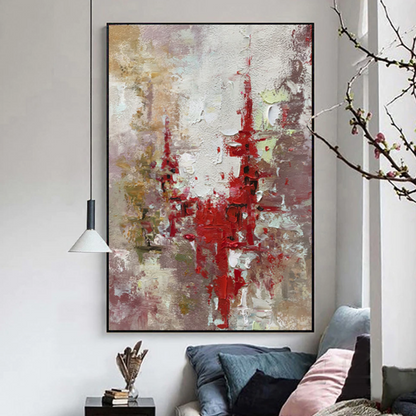 Abstract Red and Beige Landscape Oil Painting for Modern Home Décor