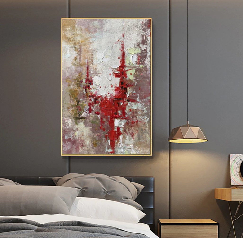 Abstract Red and Beige Landscape Oil Painting for Modern Home Décor