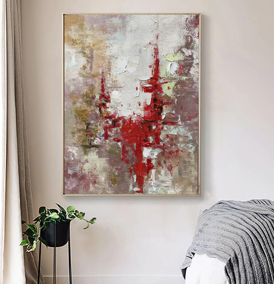 Abstract Red and Beige Landscape Oil Painting for Modern Home Décor