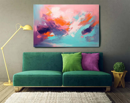 Vibrant Abstract Oil Painting in Pink and Teal for Modern Home Decor