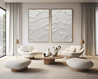 Textured White Abstract Oil Painting Duo for Modern Home Decor