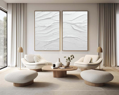 Minimalist White Abstract Oil Paintings for Home Decor - Set of Two