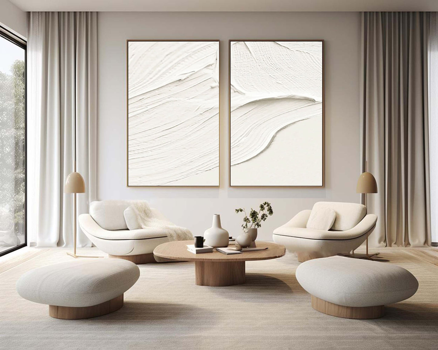 Elegant White Minimalist Abstract Oil Painting Duo for Modern Home Decor