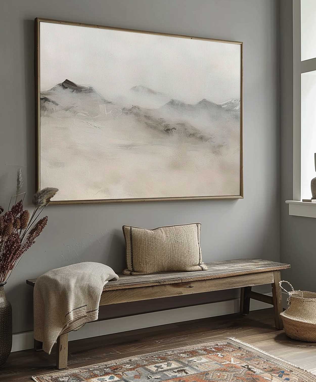 Serene Misty Mountain Landscape Oil Painting for Tranquil Home Decor