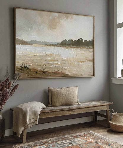 Serene Vintage Landscape Oil Painting of Tranquil Waters and Soft Mountains