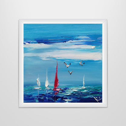 Vibrant Coastal Scene with Sailboats and Sea Birds - Original Oil Painting