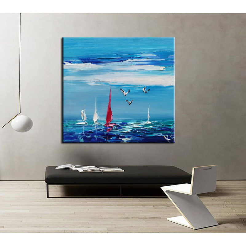 Vibrant Coastal Scene with Sailboats and Sea Birds - Original Oil Painting