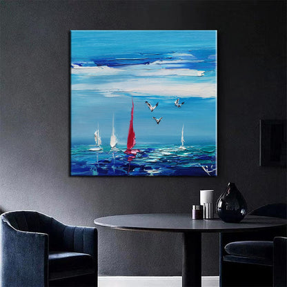 Vibrant Coastal Scene with Sailboats and Sea Birds - Original Oil Painting