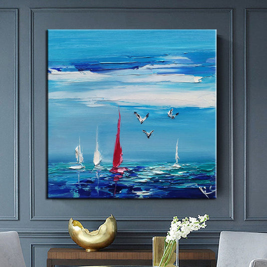 Vibrant Coastal Scene with Sailboats and Sea Birds - Original Oil Painting