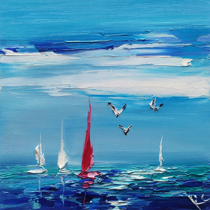 Vibrant Coastal Scene with Sailboats and Sea Birds - Original Oil Painting