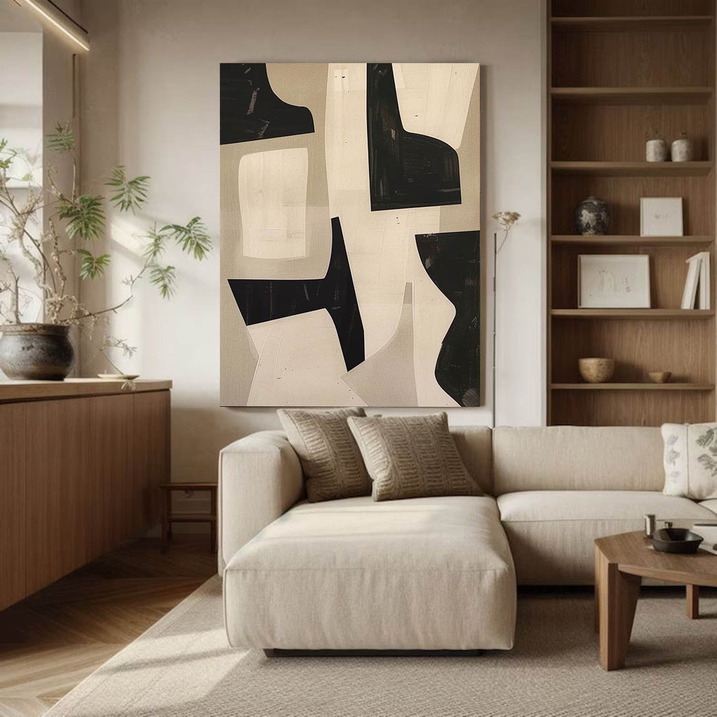 Contemporary Minimalist Abstract Oil Painting in Black and Beige Tones