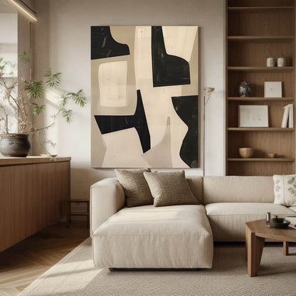 Contemporary Minimalist Abstract Oil Painting in Black and Beige Tones