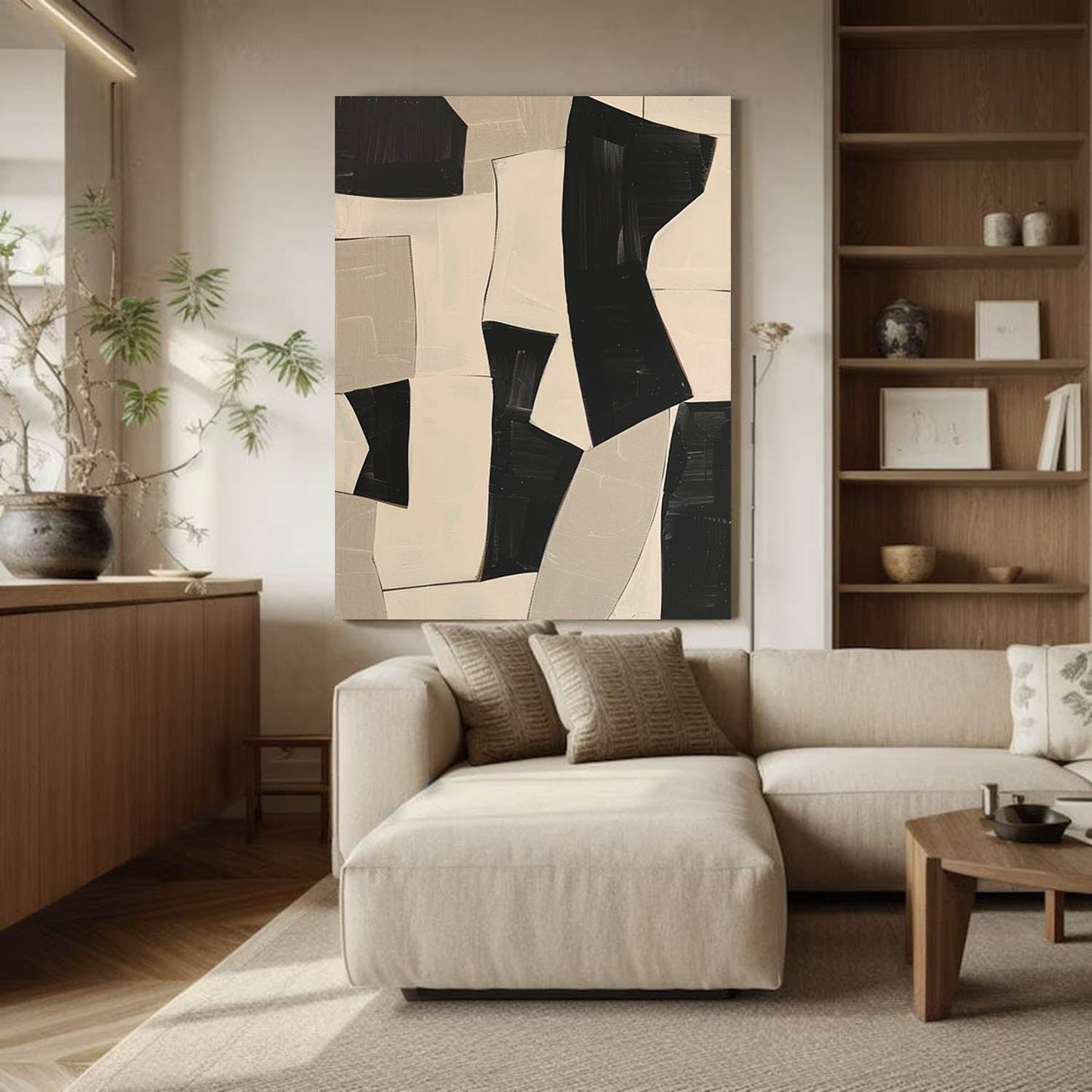 Contemporary Minimalist Black and White Abstract Oil Painting for Modern Decor