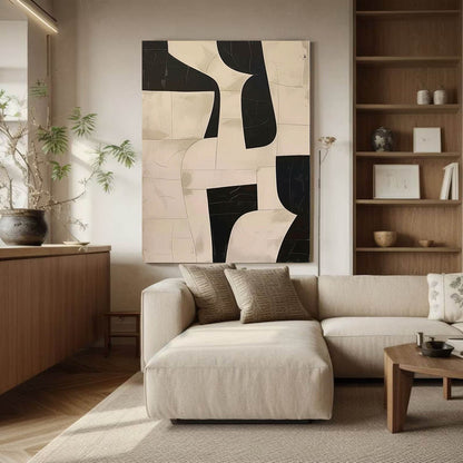 Contemporary Minimalist Black and White Abstract Oil Painting for Modern Decor