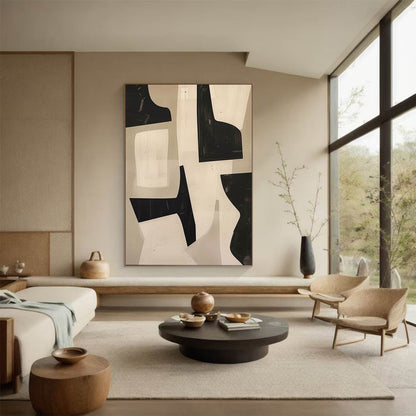 Contemporary Minimalist Abstract Oil Painting in Black and Beige Tones