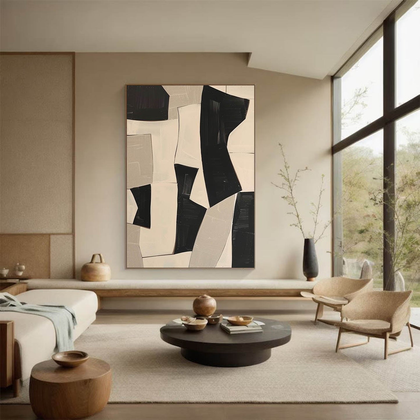 Contemporary Minimalist Black and White Abstract Oil Painting for Modern Decor